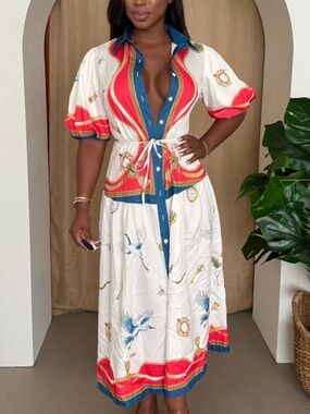Endless Moon White & Red Printed Tie-Waist Shirt Dress